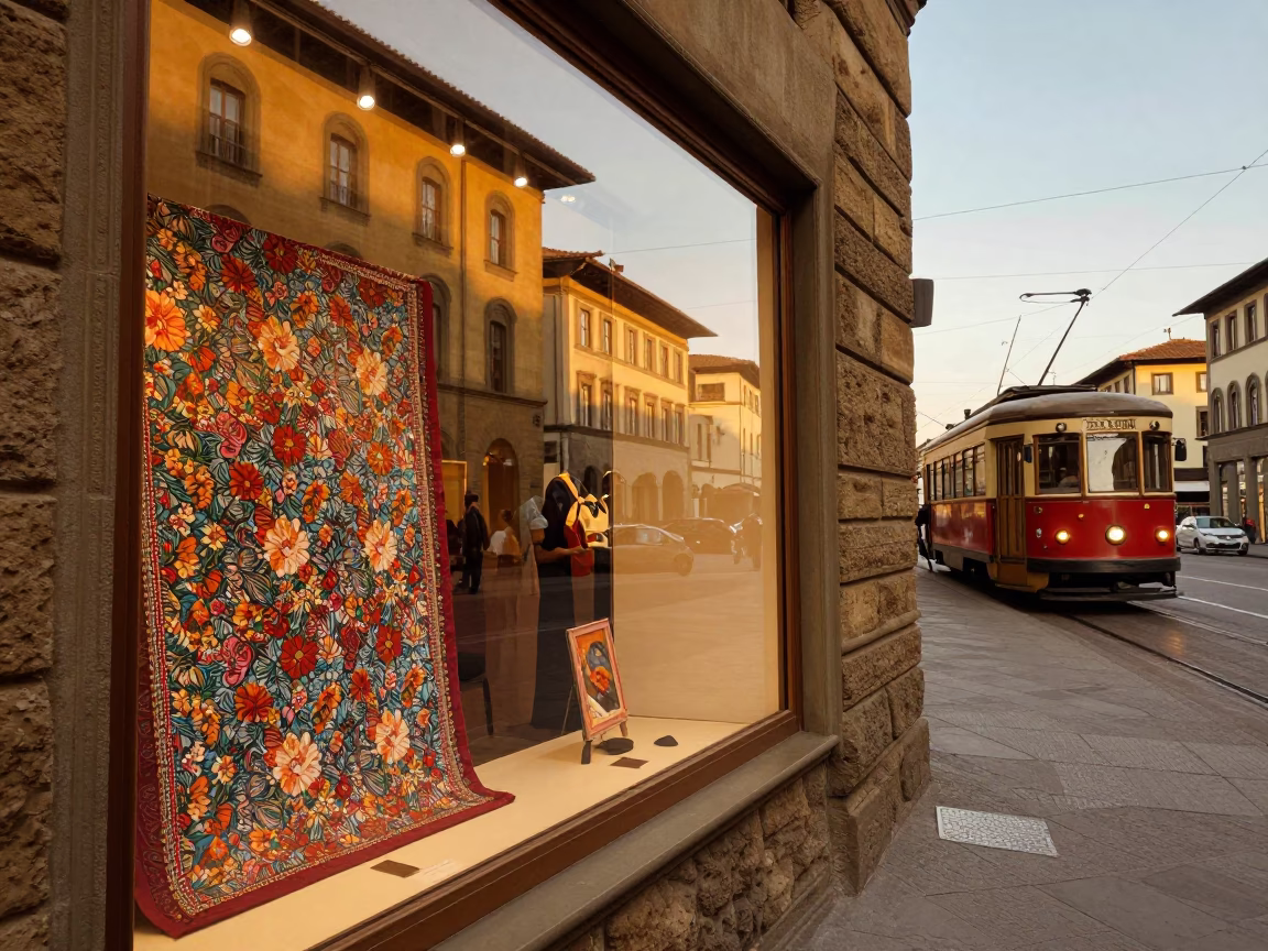 Vibrant 1970s Florence Street Scene with Tramcar Reflections and Floral Cotton in in Florence, Italy