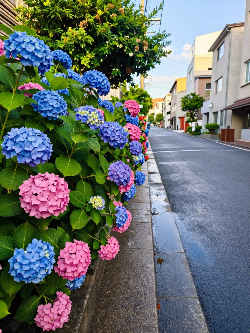 Vibrant 1970s Fukuoka Street Scene with Blue Pink Hydrangeas and Puddle Reflections in in Fukuoka, Japan