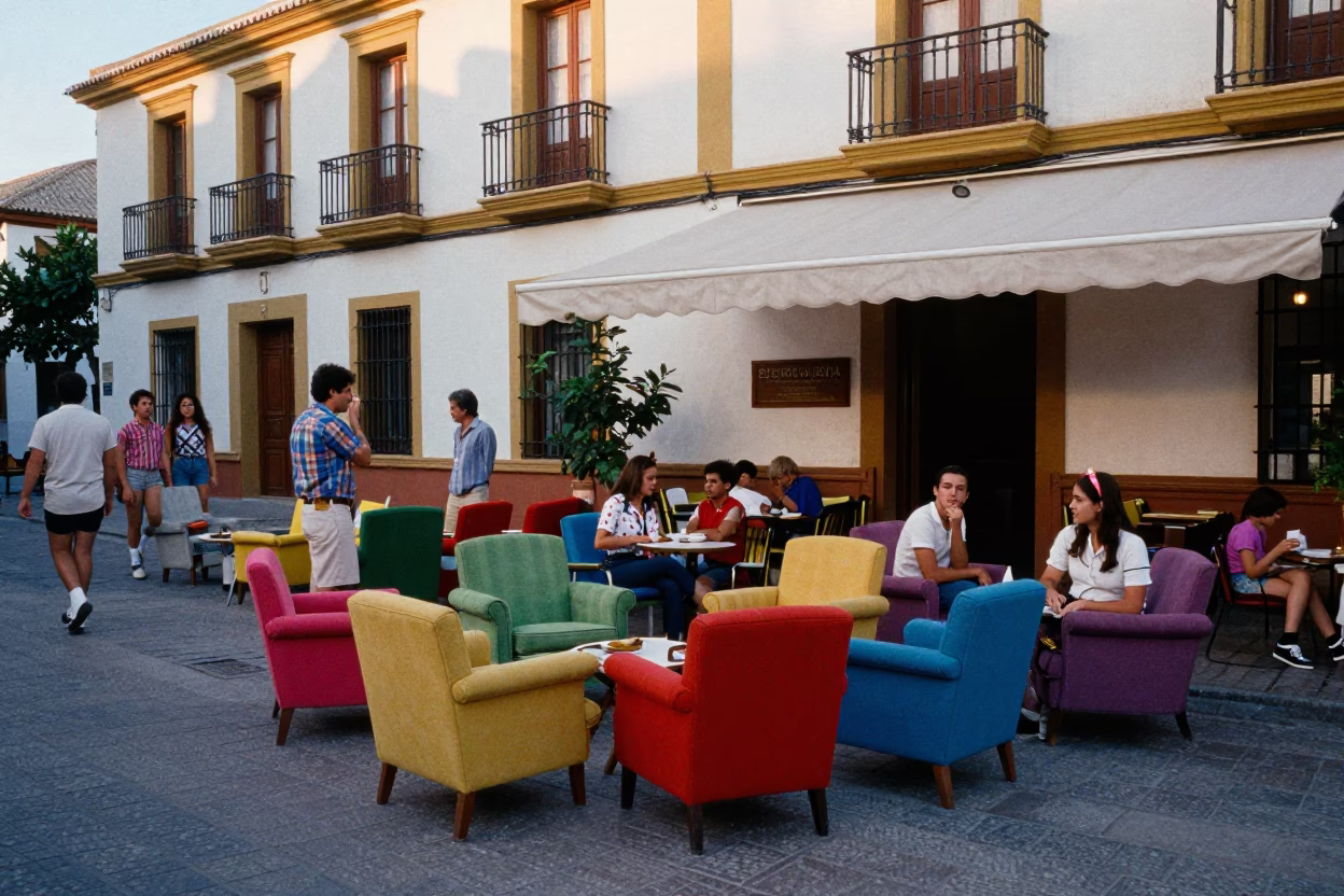 Vibrant 1970s Granada Spain Street Scene with Colorful Armchairs and Traditional Market Activity in in Granada, Spain