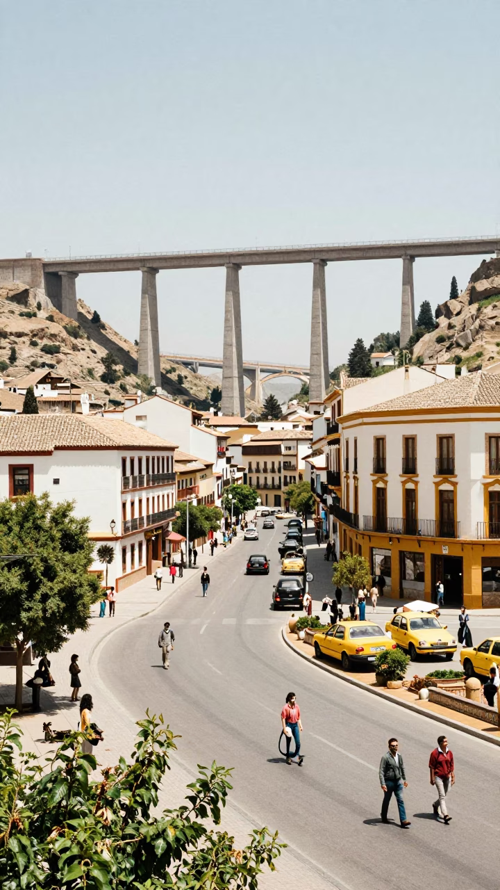 Vibrant 1970s Granada Spain Street Scene with Concrete Viaduct and Local Market Activity in in Granada, Spain