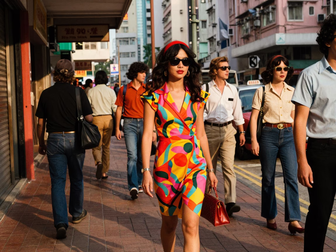 Vibrant 1970s Hong Kong Street Scene Late Afternoon High Fashion and Colorful Life in in Hong Kong, Hong Kong