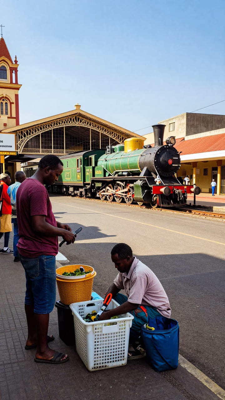 Vibrant 1970s Johannesburg Street Scene with Garden Shears and Heritage Train in in Johannesburg, South Africa