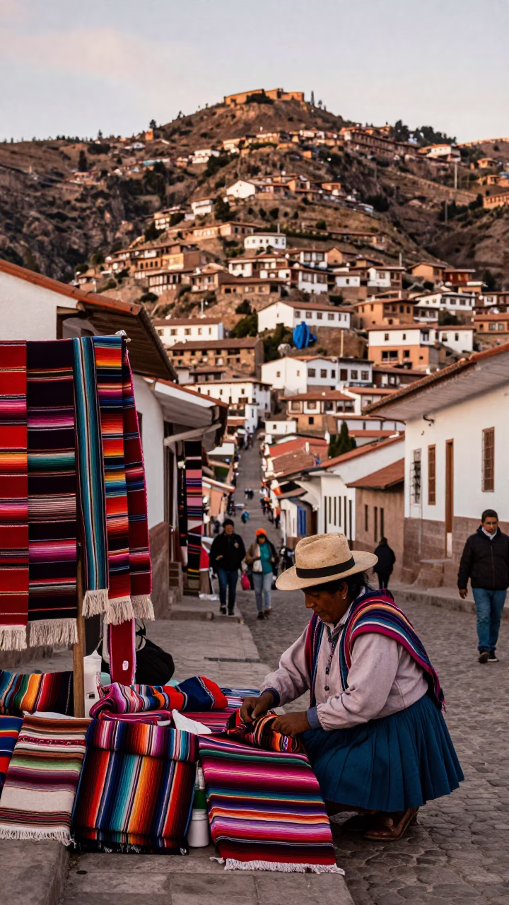 Vibrant 1970s La Bolivia Street Scene with Colorful Textiles and Urban Architecture in in La Paz, Bolivia