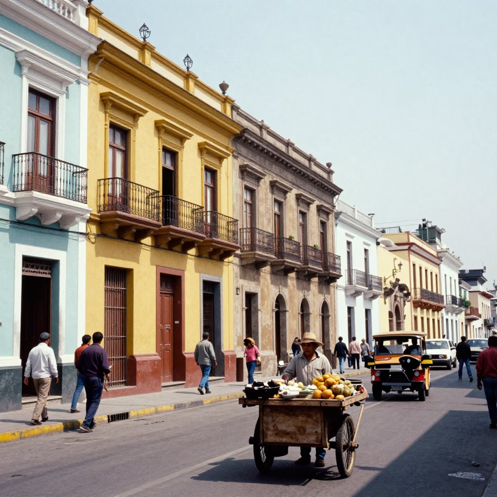 Vibrant 1970s Lima Street Scene with Colorful Architecture and Local Commerce in in Lima, Peru