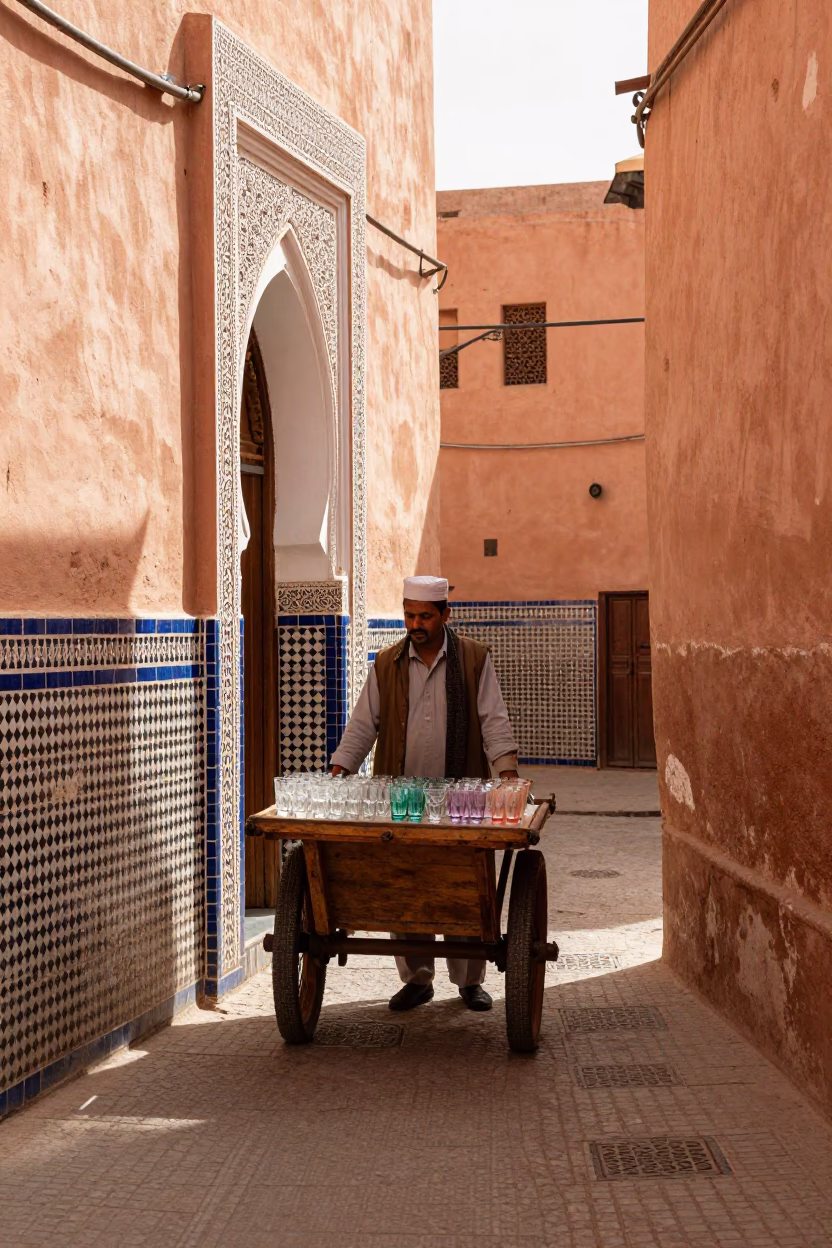 Vibrant 1970s Marrakech Street Scene with Glass Tumblers and Traditional Architecture in in Marrakech, Morocco