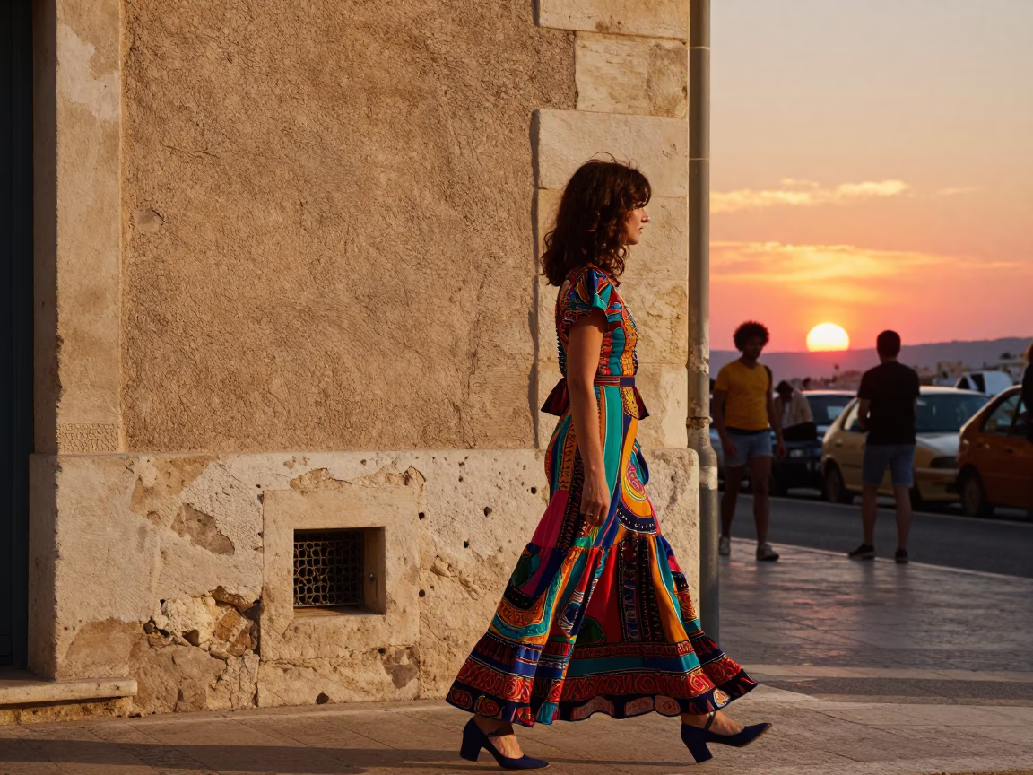 Vibrant 1970s Marseille Street Scene with Colorful Fashion and Sunset Lighting in in Marseille, France
