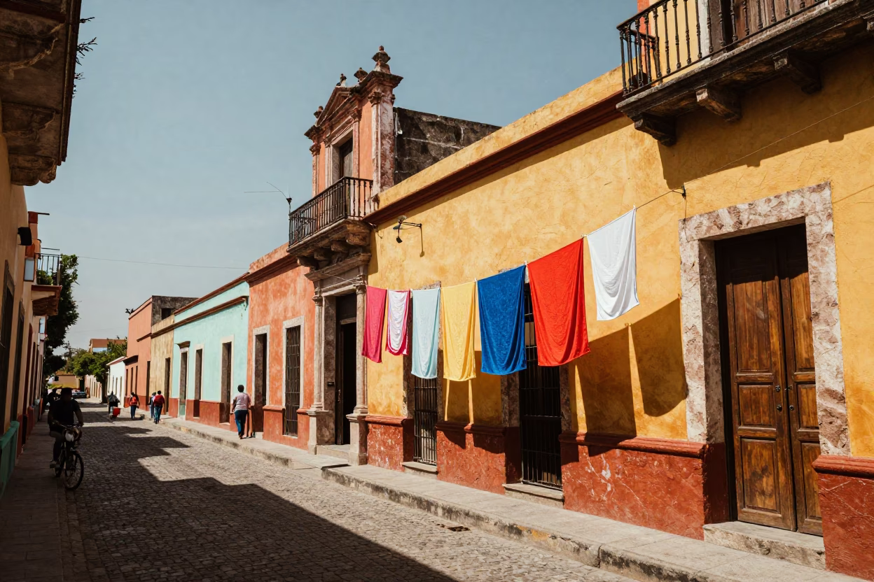 Vibrant 1970s Merida Street Scene with Drying Towels and Local Life in in Merida, Mexico