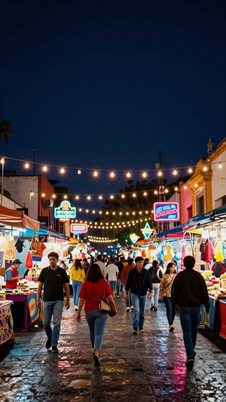Vibrant 1970s Mexico City Night Market Street Scene with Colorful Merchants and Crowds in in Mexico City, Mexico