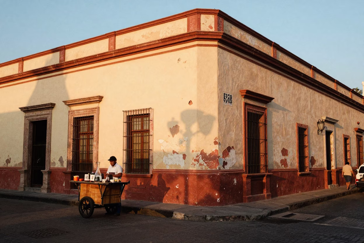 Vibrant 1970s Mexico City Street Scene with Glass Carafe and Colorful Architecture in in Mexico City, Mexico