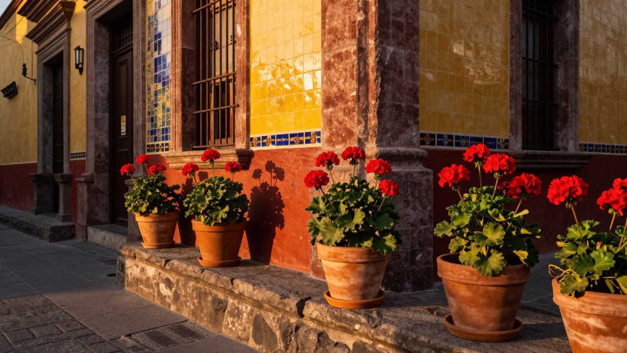 Vibrant 1970s Mexico City Street Scene with Potted Geraniums in Honeyed Evening Light in in Mexico City, Mexico