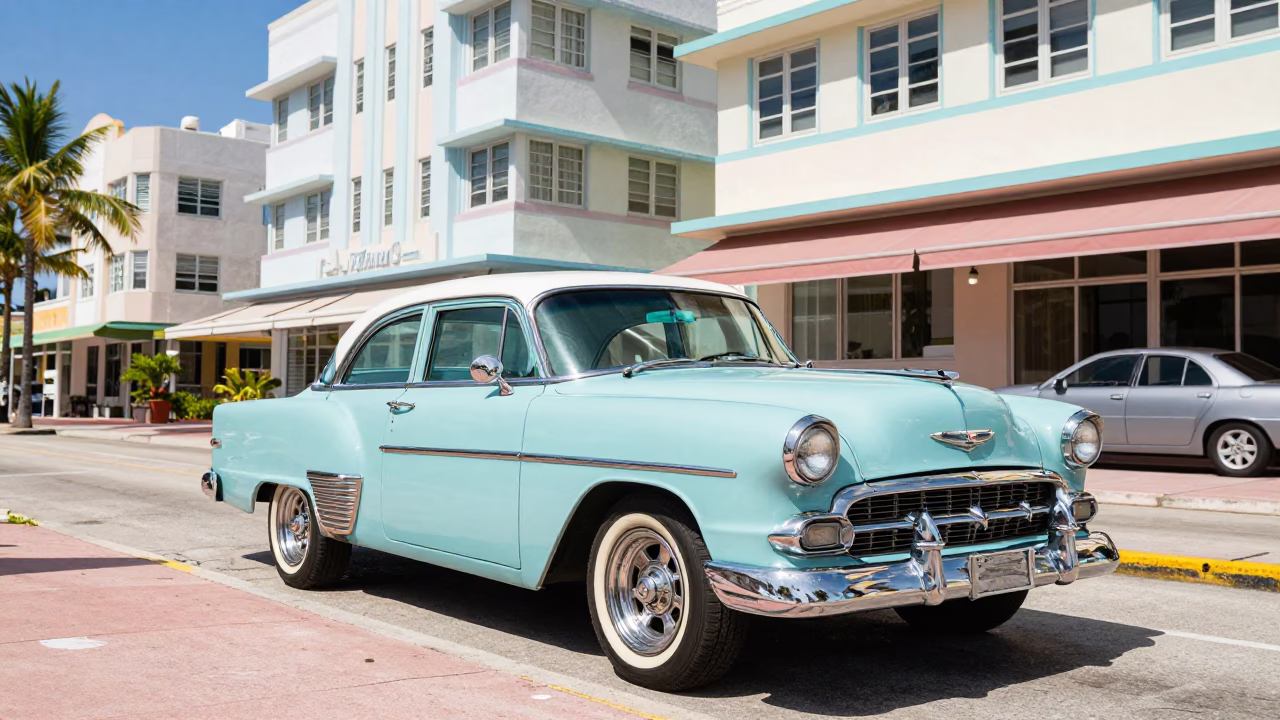 Vibrant 1970s Miami Street Scene with Vintage Car and Local Shop in in Miami, Florida, United States