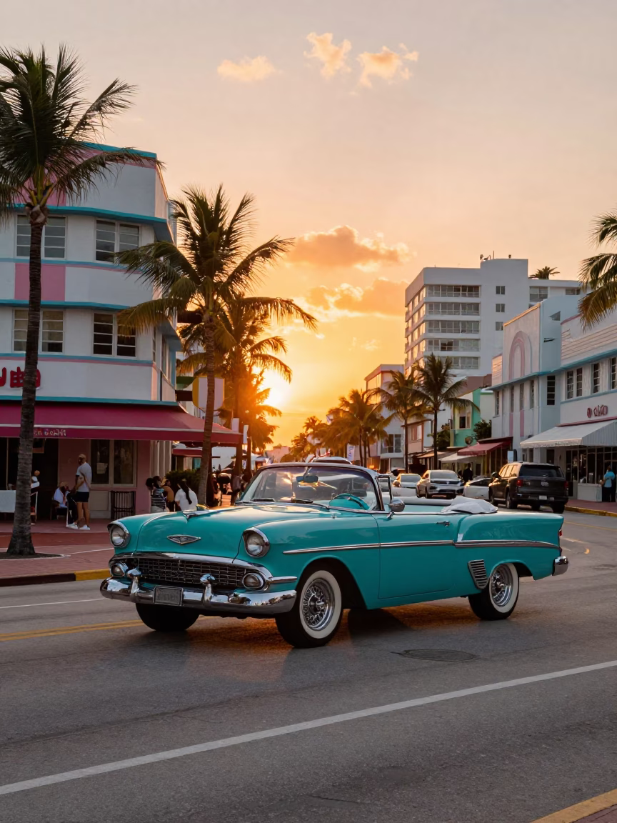 Vibrant 1970s Miami Sunset Street Scene with Classic Cars and Colorful Architecture in in Miami, Florida, United States