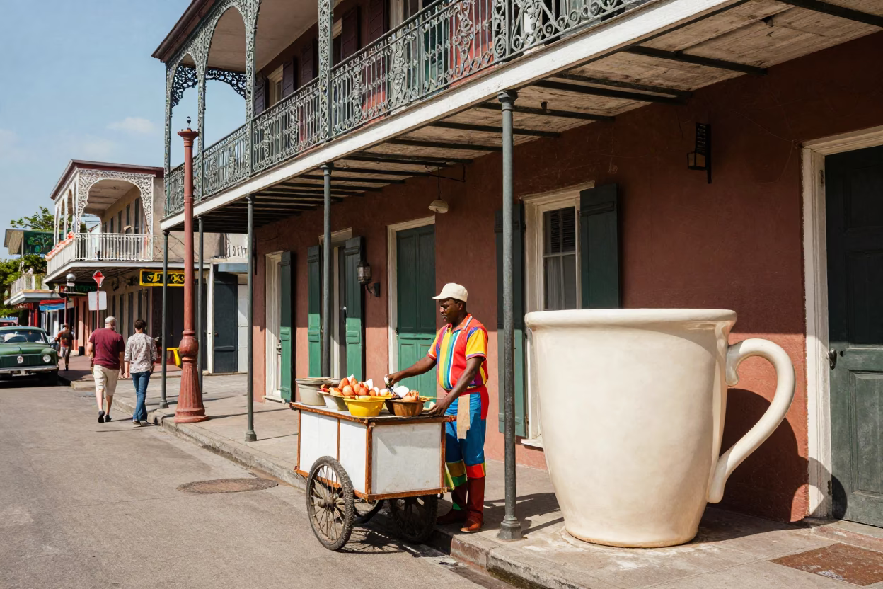 Vibrant 1970s New Orleans Street Scene with Ceramic Cup and Window Light in in New Orleans, Louisiana, United States