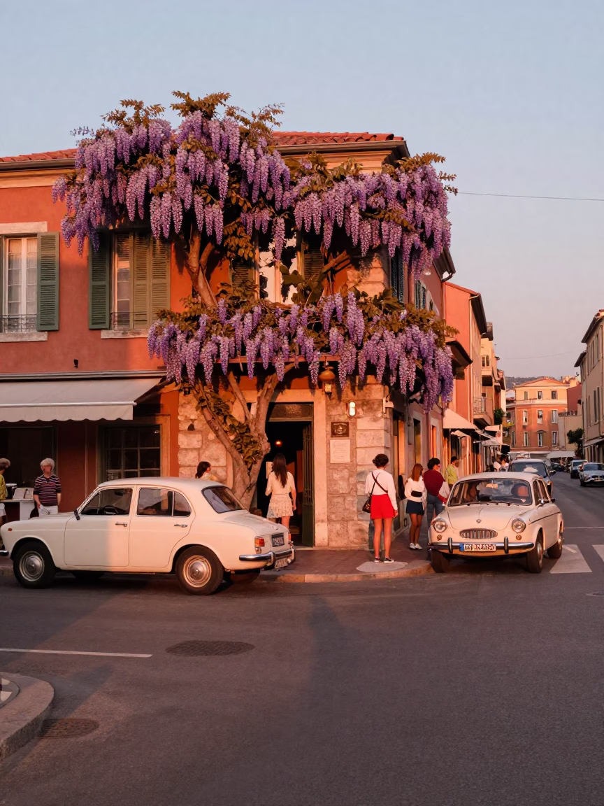 Vibrant 1970s Nice Street Scene with Wisteria and Copper Dusk Light in in Nice, France