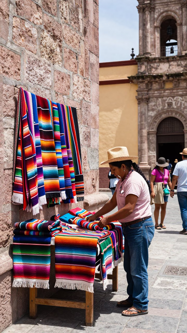 Vibrant 1970s Oaxaca Street Scene with Colorful Textiles and Local Market Activity in in Oaxaca, Mexico