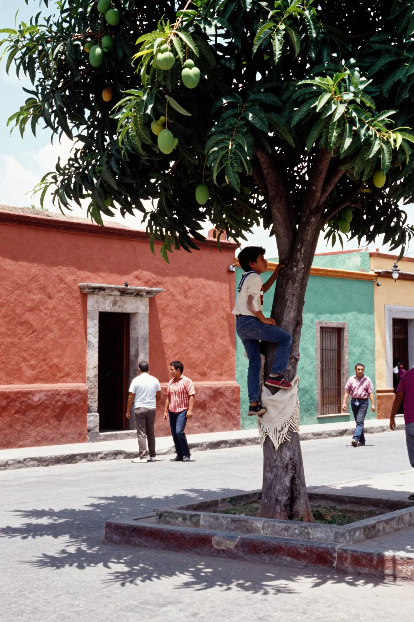 Vibrant 1970s Oaxaca Street Scene with Linen Fringe and Mango Tree Climbing Boy in in Oaxaca, Mexico