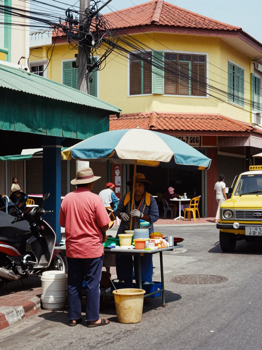 Vibrant 1970s Phuket Street Scene with Local Vendor and Colorful Attire in in Phuket, Thailand