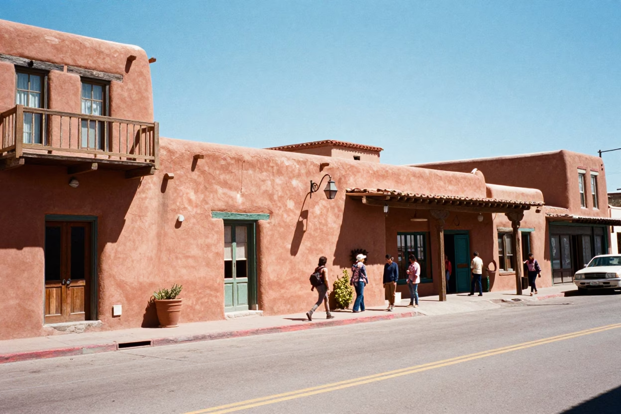 Vibrant 1970s Santa Fe Street Scene with Adobe Architecture and Colorful Textiles in in Santa Fe, New Mexico, United States