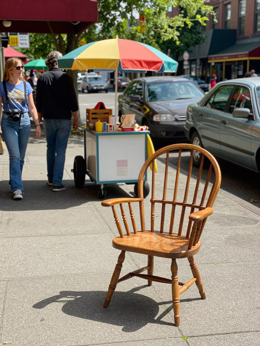 Vibrant 1970s Seattle Street Scene with Spindle Chair and Lemons on a Sunny Morning in in Seattle, Washington, United States