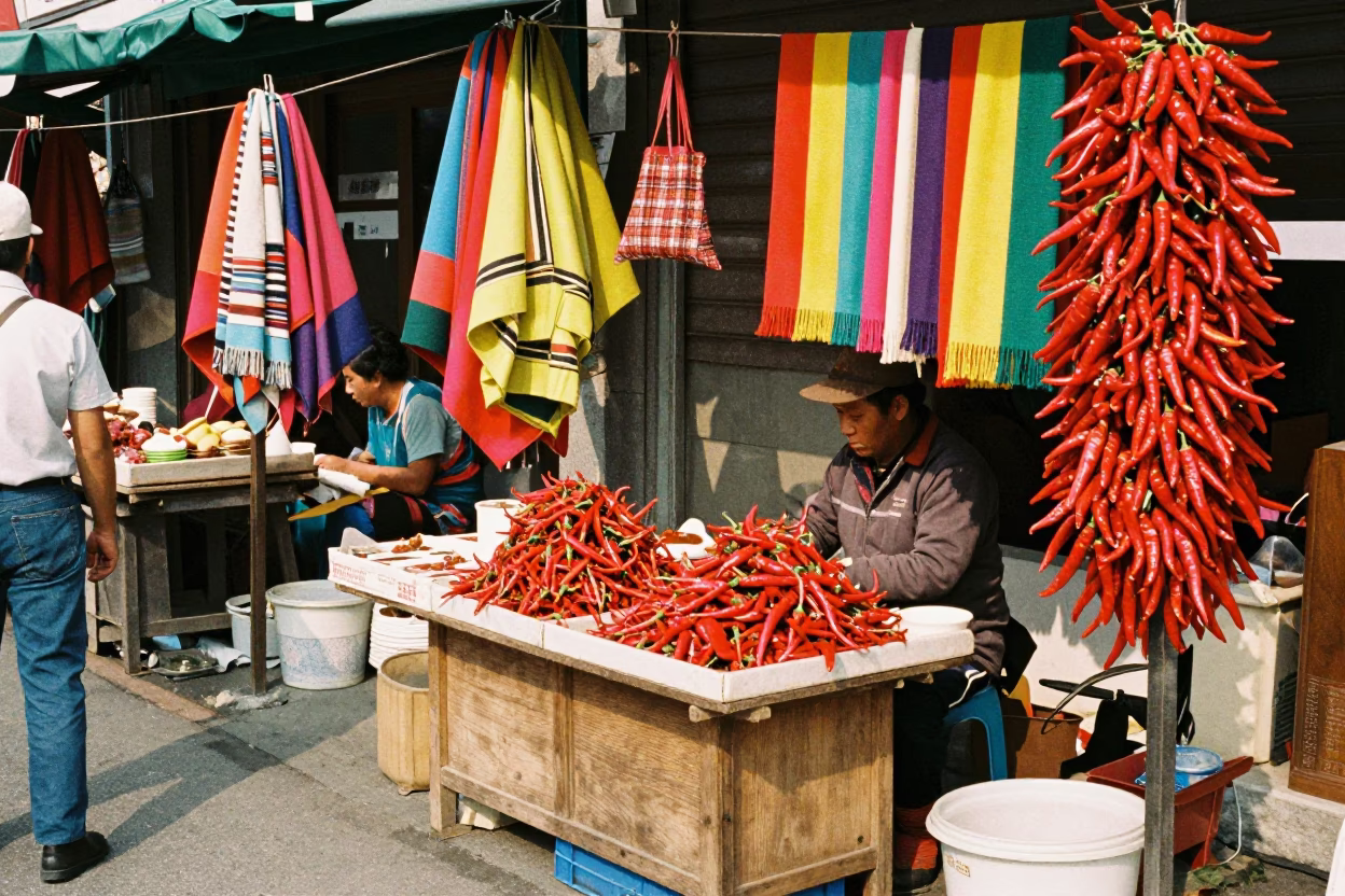 Vibrant 1970s Seoul Street Scene with Colorful Textiles and Local Commerce in in Seoul, South Korea