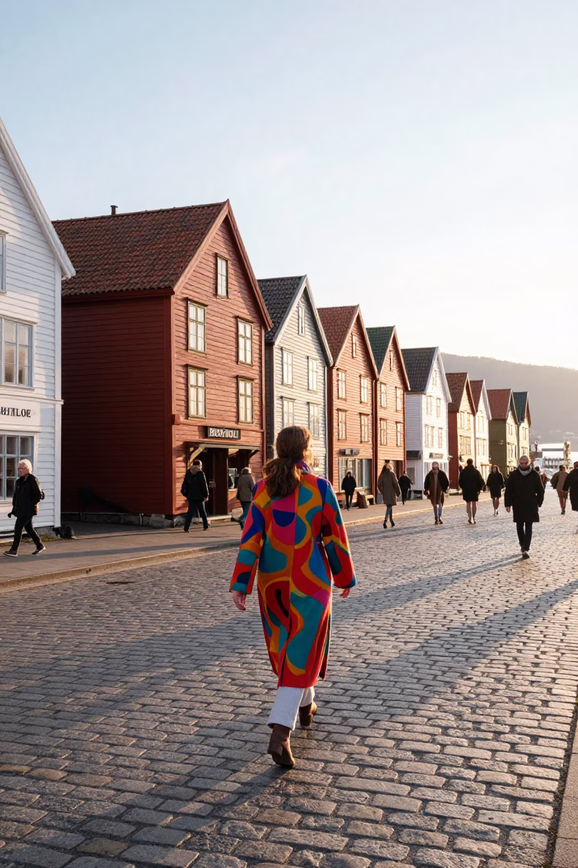 Vibrant 1970s Street Fashion in Bergen Norway Morning Light in in Bergen, Norway
