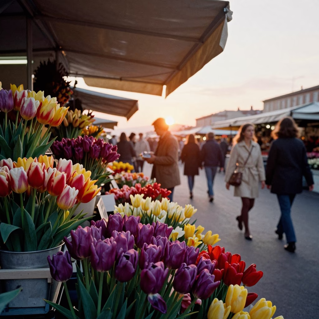 Vibrant 1970s Street Scene in Nice France with Colorful Tulips and Sunset in in Nice, France