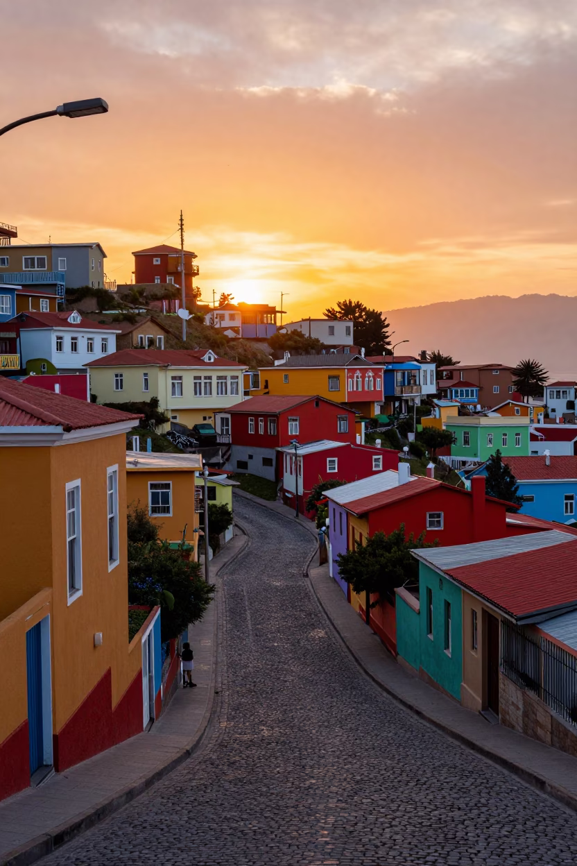 Vibrant 1970s Street Scene in Valparaiso Chile with Colorful Hillside Houses and Vintage Vehicles in in Valparaiso, Chile