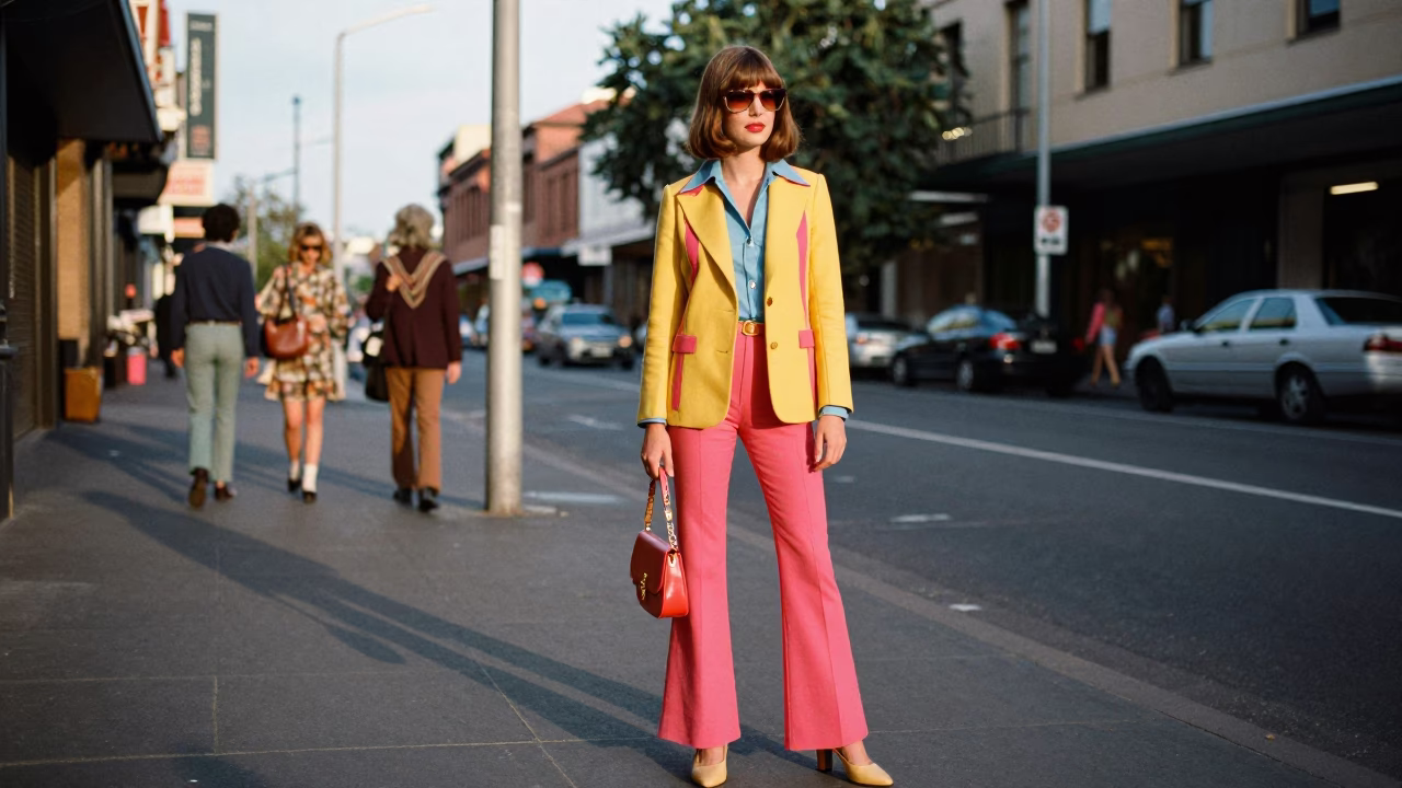 Vibrant 1970s Sydney Street Scene with High Fashion Model and Steaming District Heating Pipe in in Sydney, New South Wales, Australia