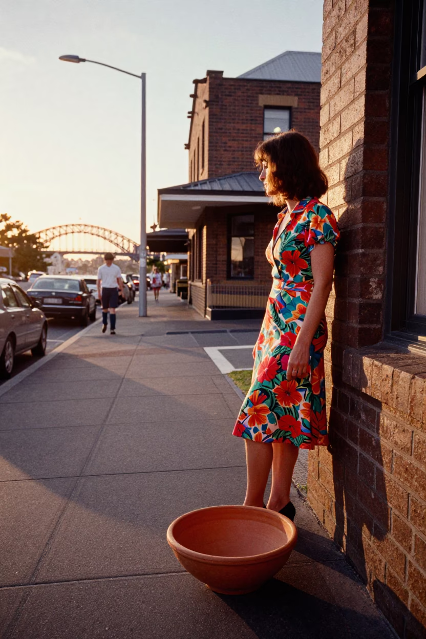 Vibrant 1970s Sydney Street Scene with Terracotta Bowl and Olive Wood Spoon in in Sydney, New South Wales, Australia