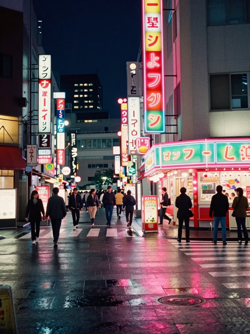 Vibrant 1970s Tokyo Street Night Scene with Colorful Neon Signs and Busy Pedestrians in in Tokyo, Japan