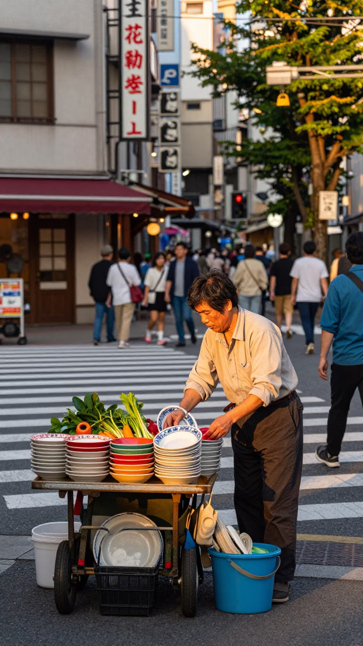 Vibrant 1970s Tokyo Street Scene with Ceramic Plates and Evening Light in in Tokyo, Japan