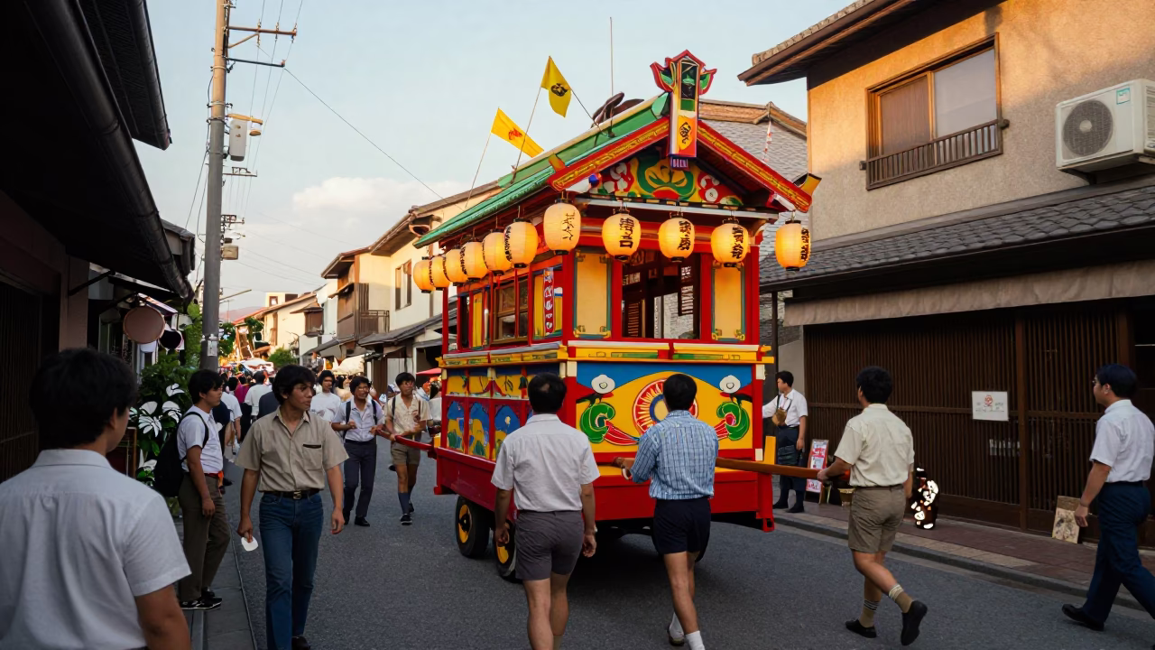 Vibrant 1970s Tokyo Street Scene with Colorful Festival Float and Step Stools in in Tokyo, Japan