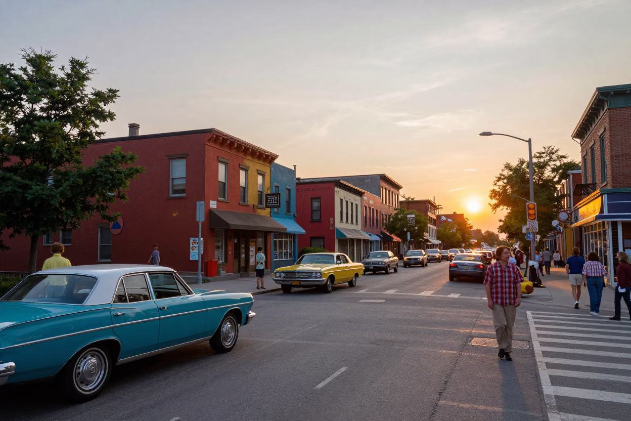 Vibrant 1970s Toronto Street Scene at Sunset with Colorful Storefronts and Pedestrians in in Toronto, Ontario, Canada