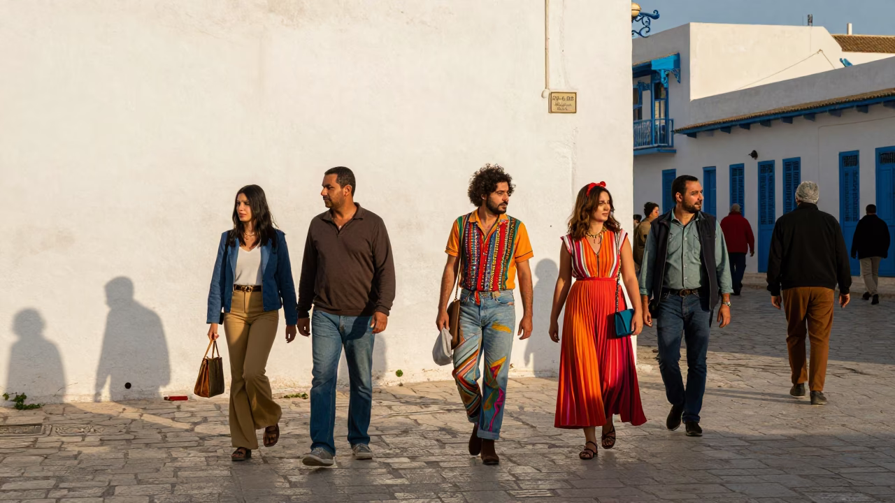 Vibrant 1970s Tunisian Street Fashion with Colorful Attire in Late Afternoon Light in in Tunis, Tunisia