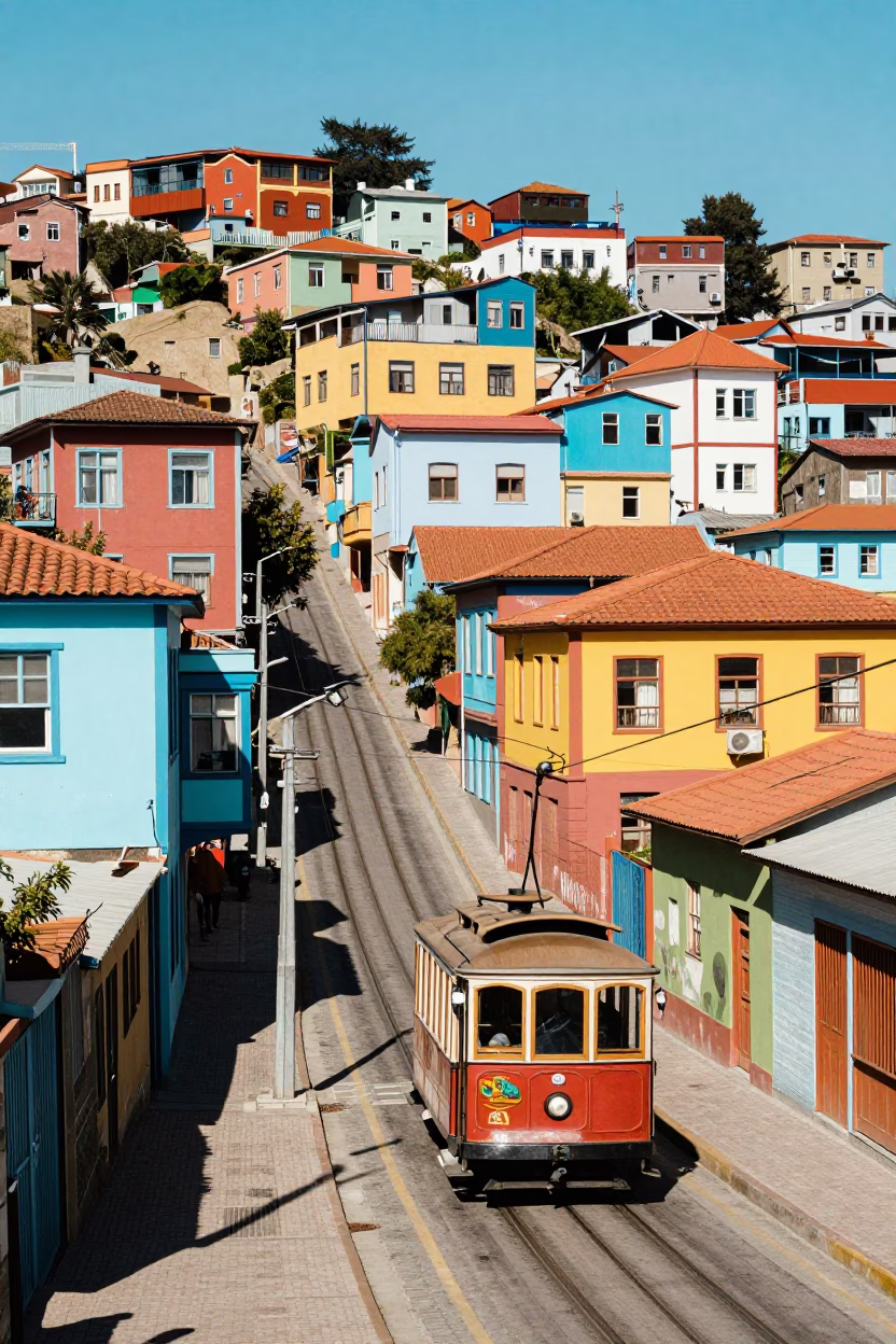 Vibrant 1970s Valparaiso Street Scene with Colorful Houses and Cable Car in in Valparaiso, Chile