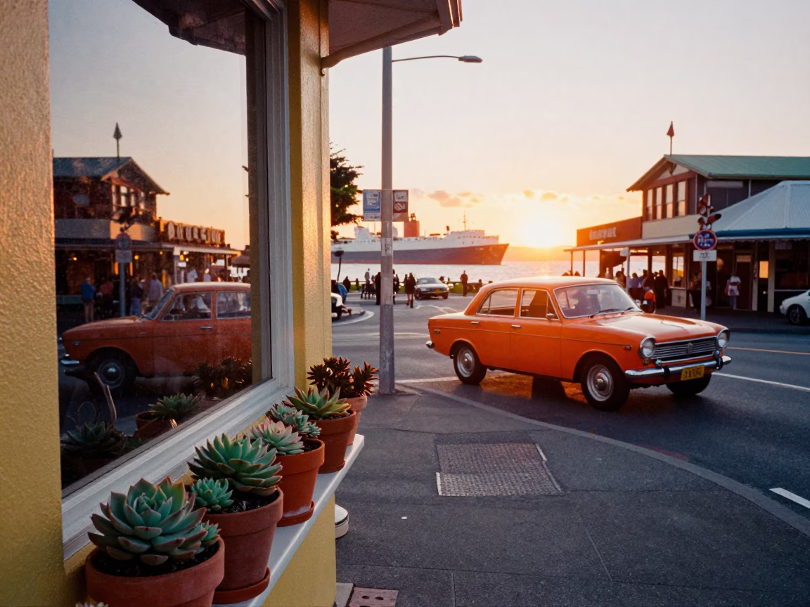 Vibrant 1970s Wellington Street Scene with Cargo Ship Horizon and Succulents in in Wellington, New Zealand