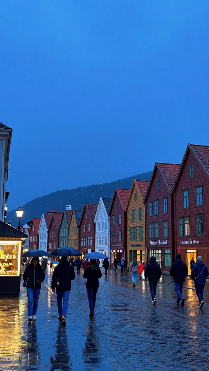Vibrant 1980s Bergen Norway Street Scene Indigo Twilight Colorful Life in in Bergen, Norway