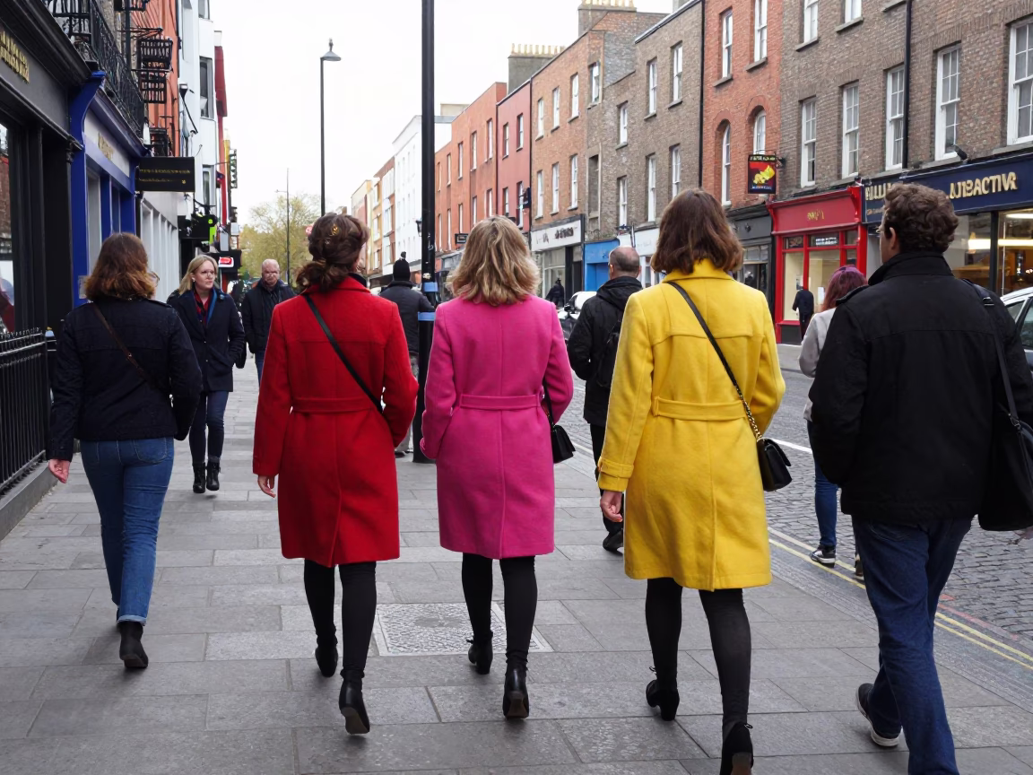 Vibrant 1980s Dublin Street Scene with Vintage Fashion and Casual Pedestrians in in Dublin, Ireland