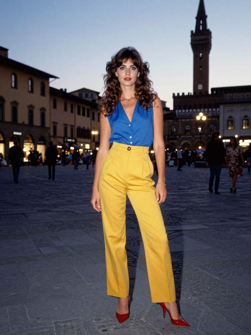 Vibrant 1980s Florence Evening Street Fashion Portrait with Vintage Folding Chair in in Florence, Italy