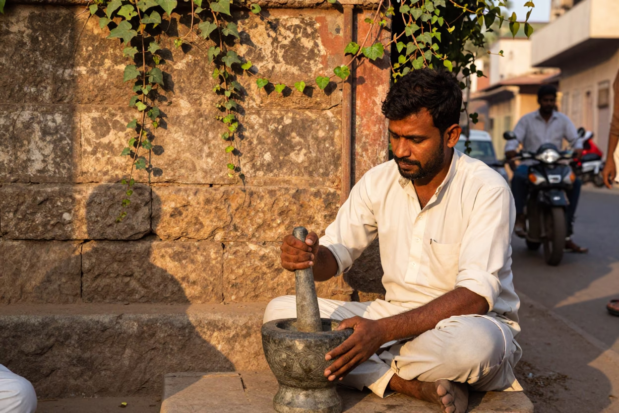 Vibrant 1980s Jaipur Street Scene with Mortar and Pestle at Sunrise in in Jaipur, India