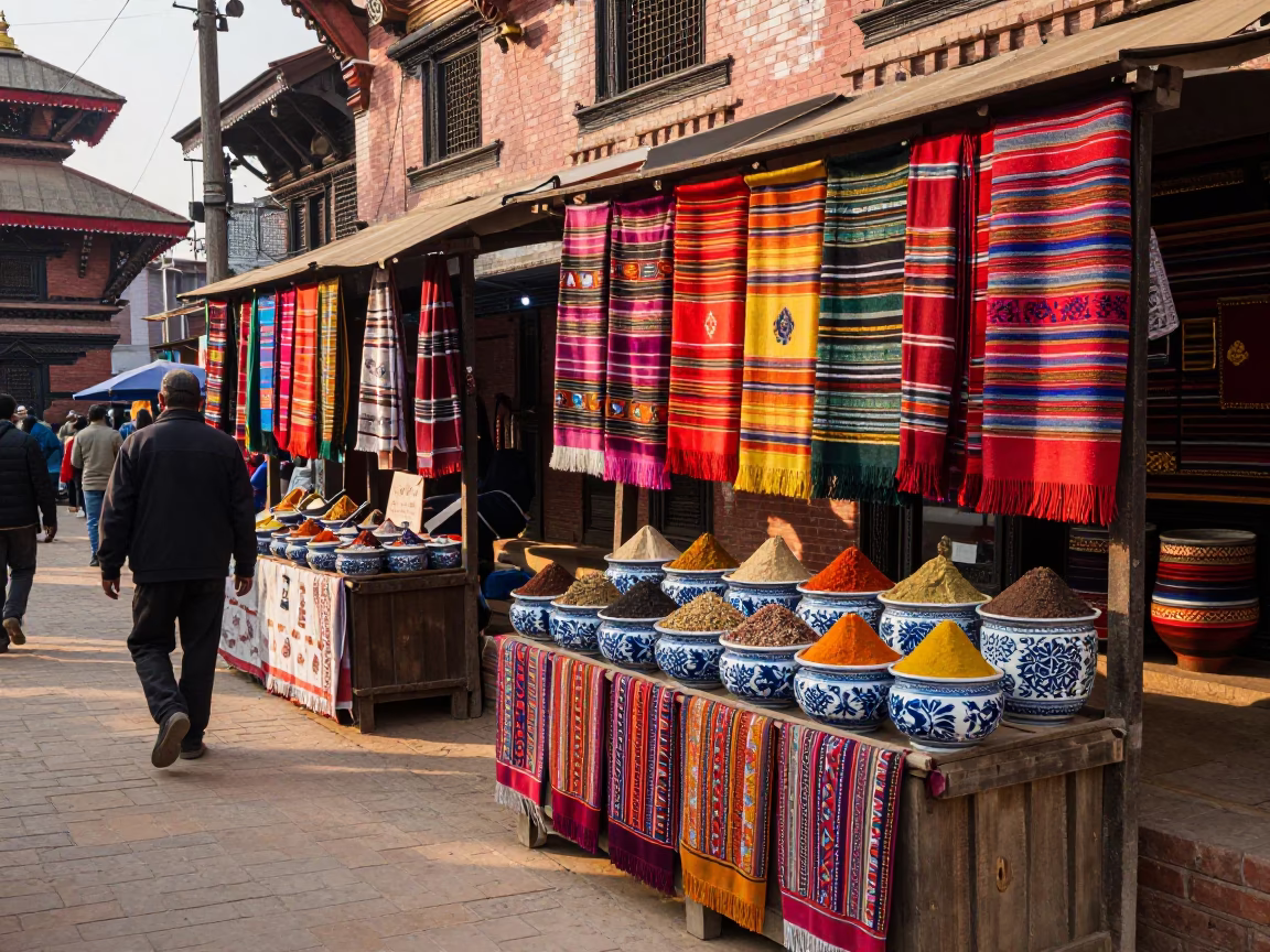 Vibrant 1980s Kathmandu Street Scene with Colorful Textiles and Local Market Activity in in Kathmandu, Nepal