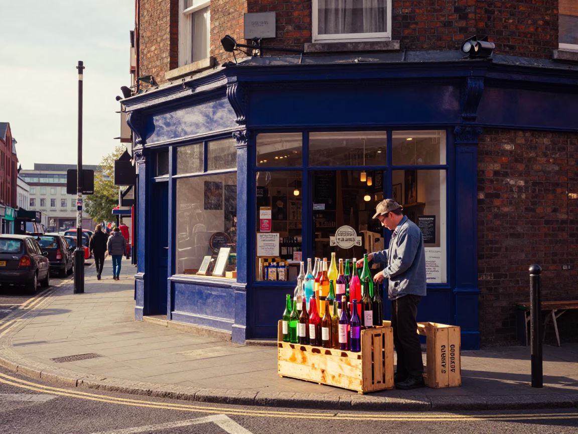 Vibrant 1980s Liverpool Street Scene with Colorful Bottles and Vintage Storefronts in in Liverpool, United Kingdom