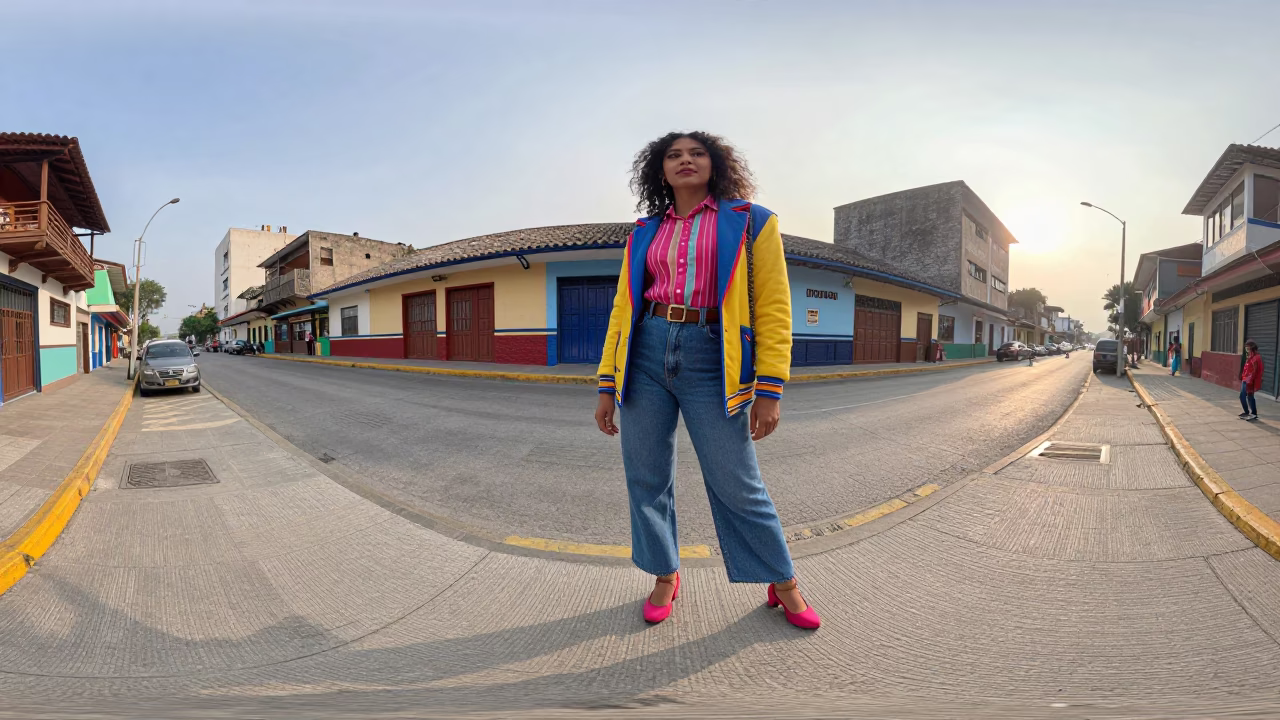 Vibrant 1980s Medellin Colombia Street Fashion Portrait Just After Sunrise in in Medellin, Colombia