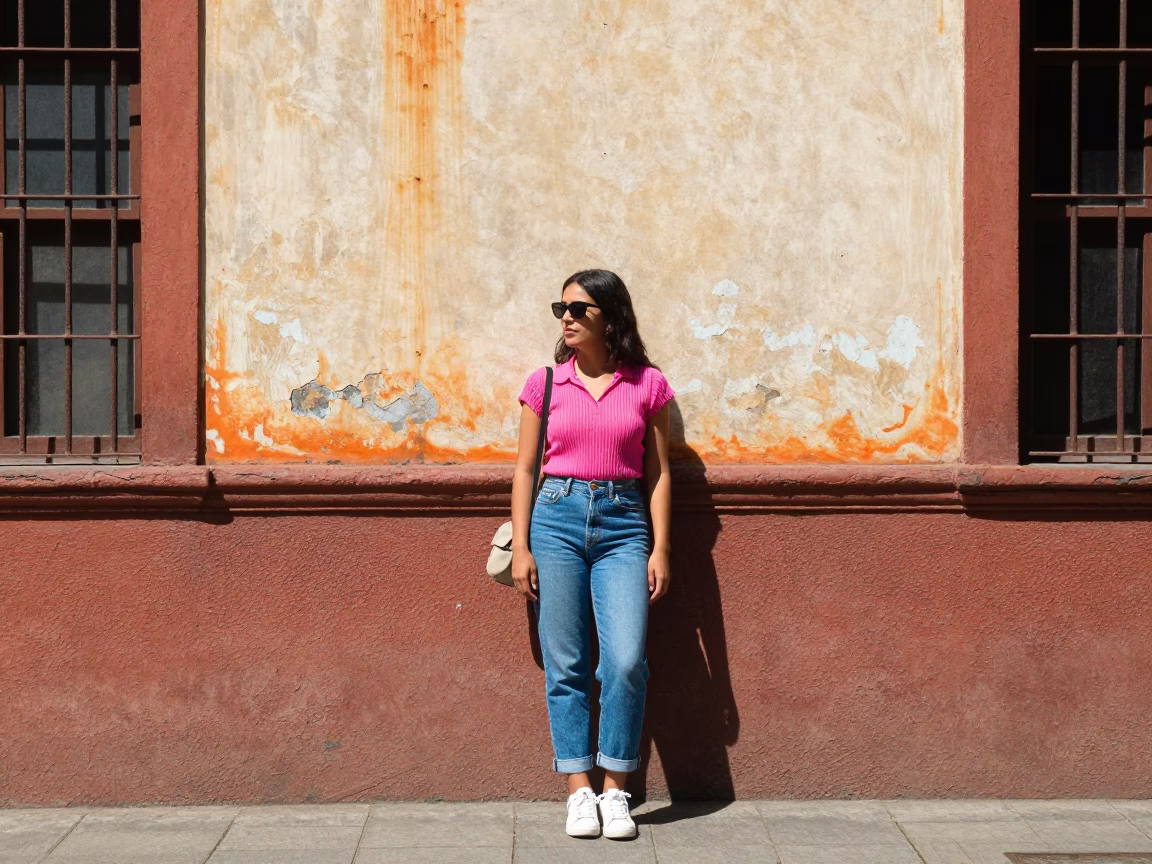 Vibrant 1980s Medellin Street Fashion Portrait Under Flat Noon Sunlight in in Medellin, Colombia