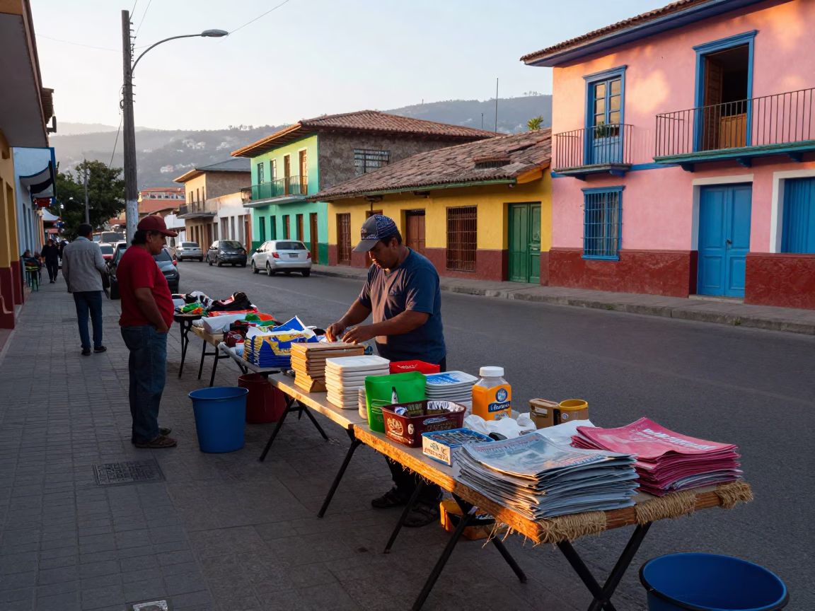 Vibrant 1980s Medellin Street Scene with Folding Tables and Twine Handles in in Medellin, Colombia