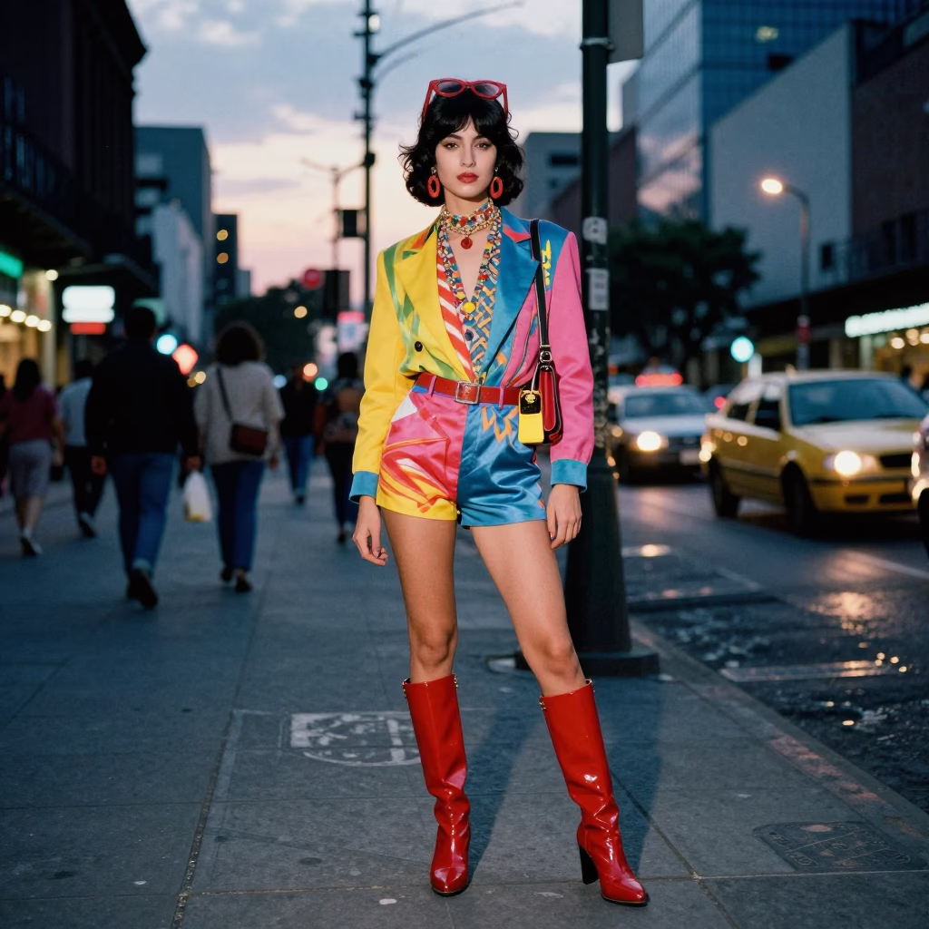 Vibrant 1980s Mexico City Street Fashion Portrait at Dusk with Palm Tree Avenue in in Mexico City, Mexico