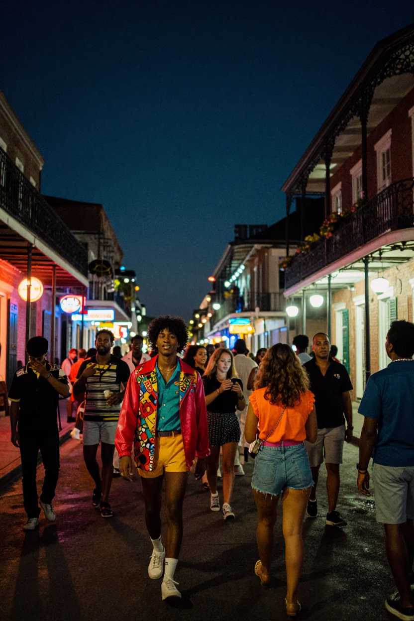 Vibrant 1980s New Orleans Nightlife Street Scene with Colorful Fashion and Urban Energy in in New Orleans, Louisiana, United States
