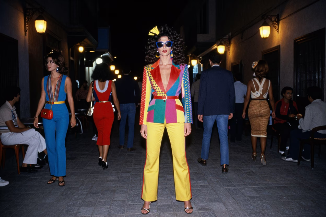 Vibrant 1980s Nightlife Street Scene in Casablanca Morocco with Colorful Fashion and Neon Lights in in Casablanca, Morocco