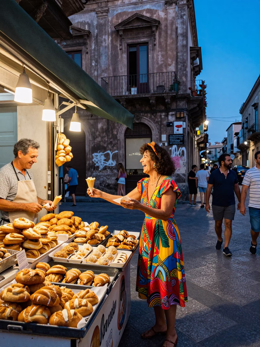 Vibrant 1980s Palermo Evening Street Scene with Traditional Pastries and Local Life in in Palermo, Italy