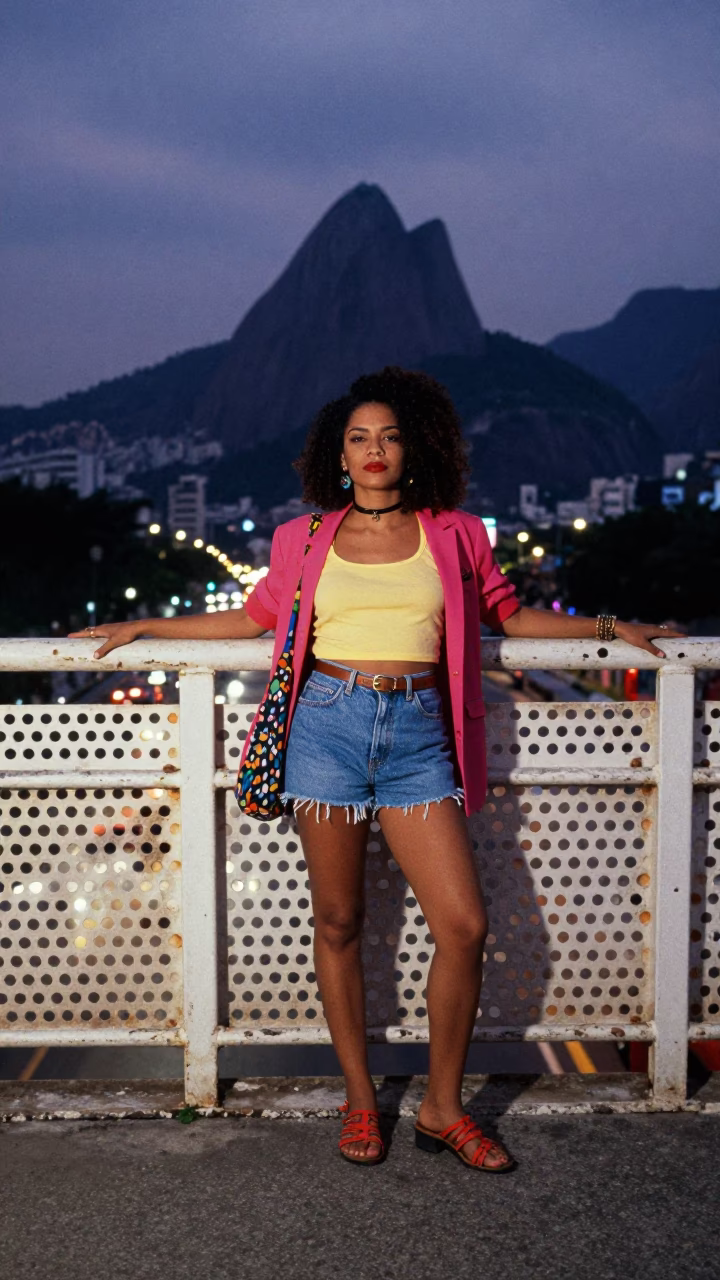 Vibrant 1980s Rio de Janeiro Twilight Street Fashion Portrait on Perforated Metal Overpass in in Rio de Janeiro, Brazil